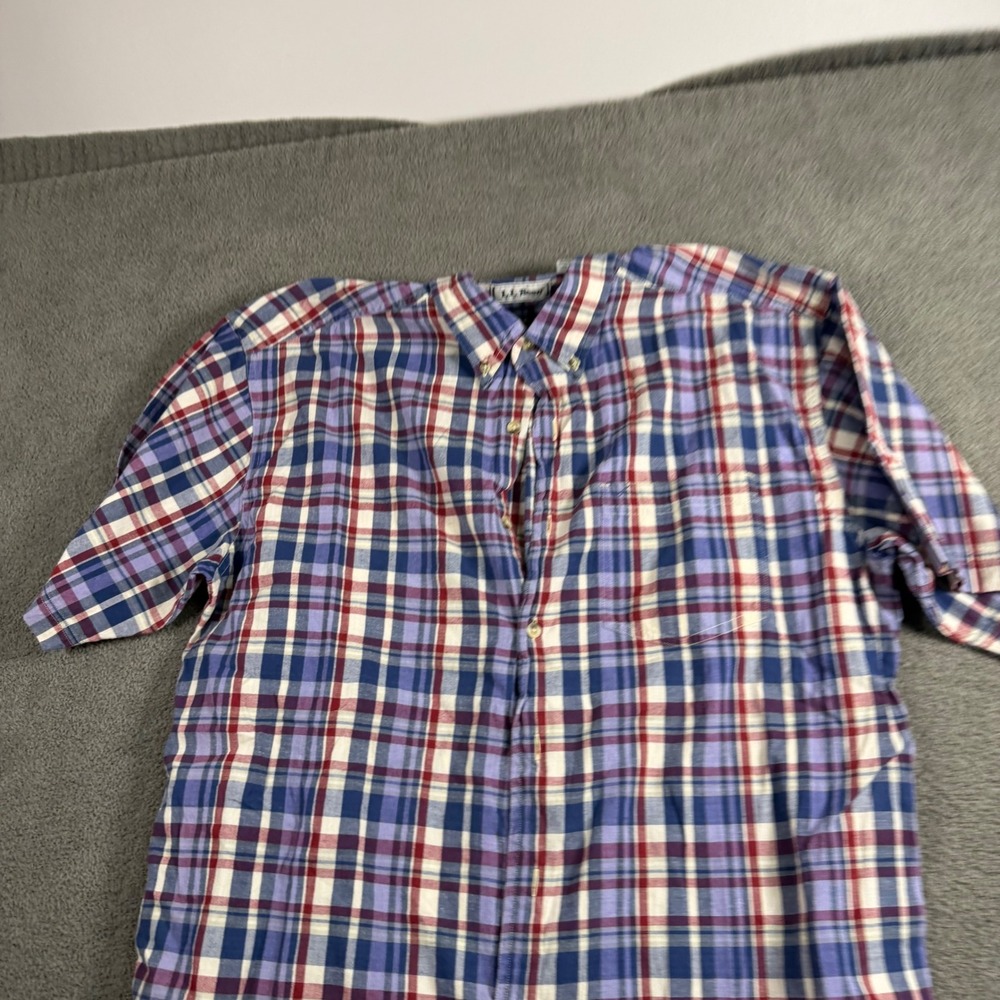 LL Bean Mens Large Short Sleeve Plaid Button Down Shirt Blue Red Cotton OY701